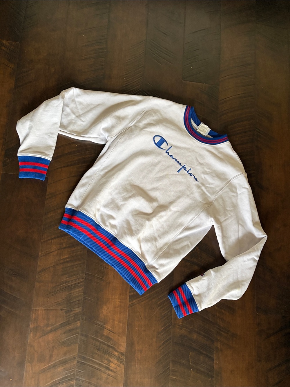 Champion White Crewneck with Blue Logo and Red & Blue Stripe Trim